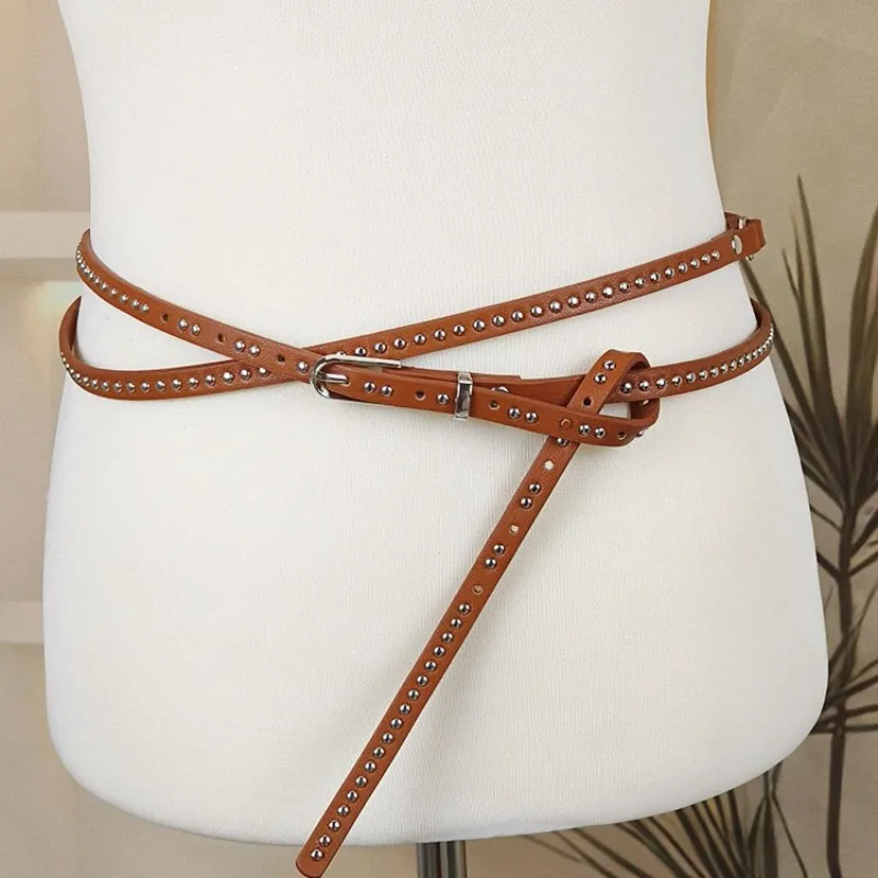 American-Style Hot Girl Punk Metal Studded Black Belt Unique Trendy Dark-Style Double-Layer Slim Leather Belt for Women