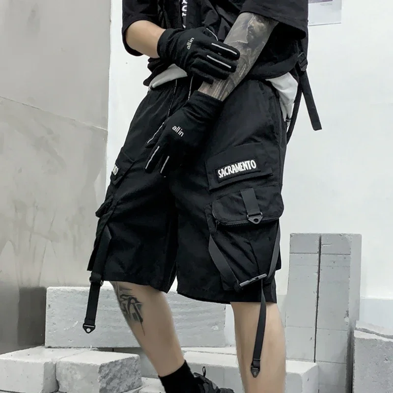 

Men Black Shorts Baggy Ribbons Japanese Fashion Streetwear Hip Hop Short Male Casual Overalls