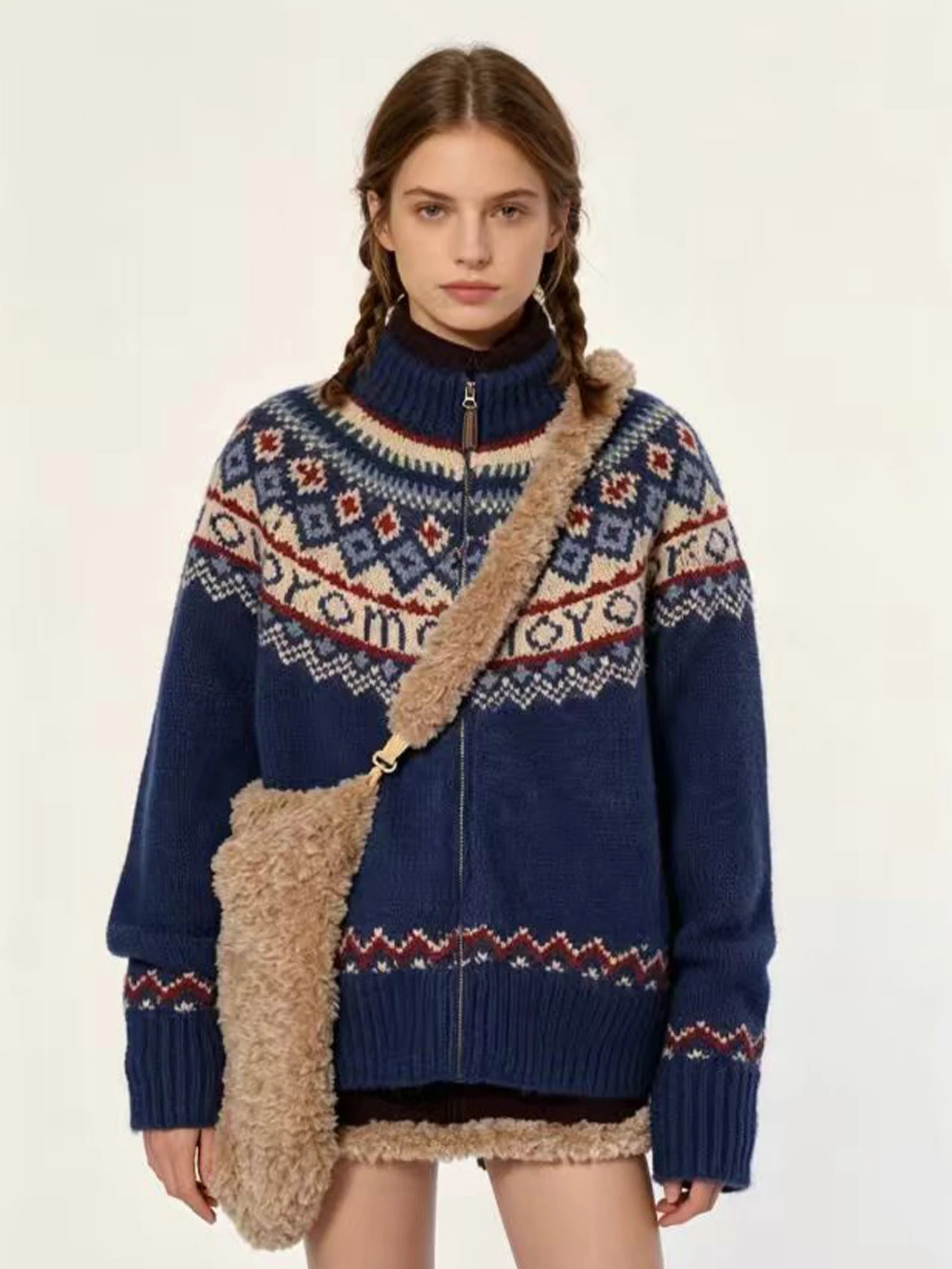 Women Blue Fair Isle Cardigan Sweater Y2k Gyaru Vintage Long Sleeve Knitwear Sweater Korean Style Oversize Knit Coat Autumn 2026