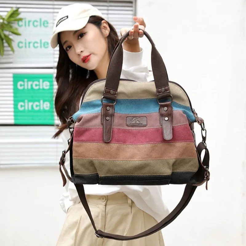 

2025 Patchwork Rainbow Shoulder Bag for Women Large Capacity Canvas Messenger Bag Fashion Crossbody Travel Purse Handbags