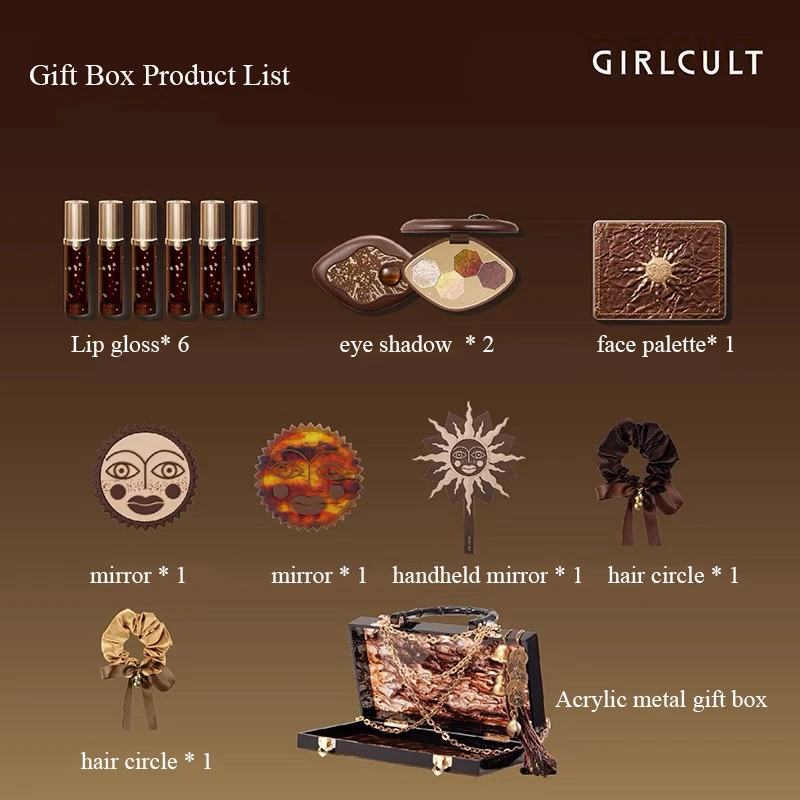 Girlcult Gold Rushing Makeup Set All In Plumper Lipgloss Shimmer Glitter Eye shadow Face Palette Acrylic Metal Gift Box Set