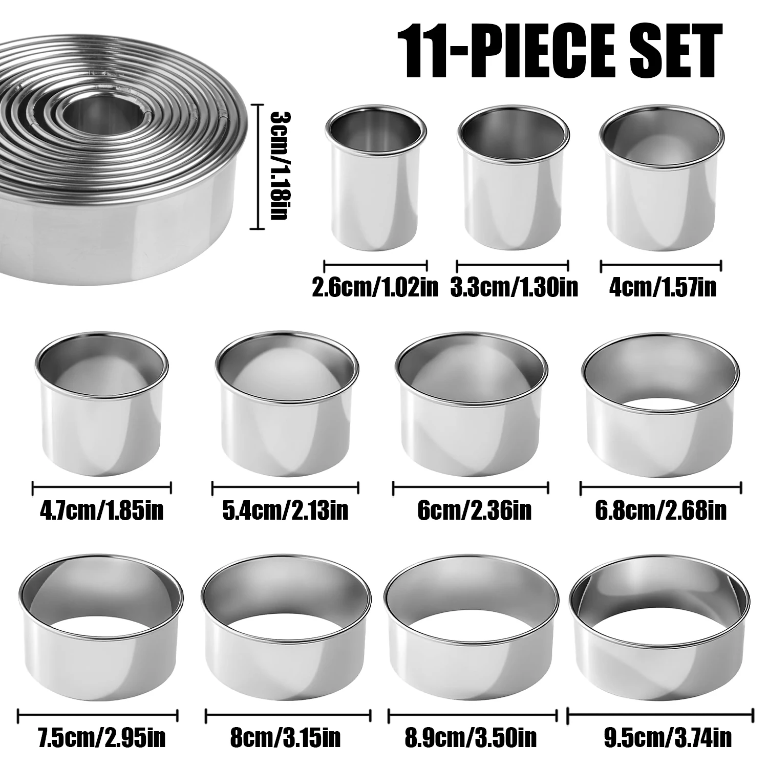 11pcs/Set Stainless Steel Round Cutter Cookie Moulds Biscuit Cutter Circle DIY Mousse Cake Dessert Patisserie Decorating Tool