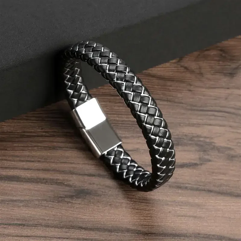 Trendy Men Leather Bracelet Black Braided Rope Bracelets For Men Stainless Steel Magnetic Clasp Bangles Jewelry Gift