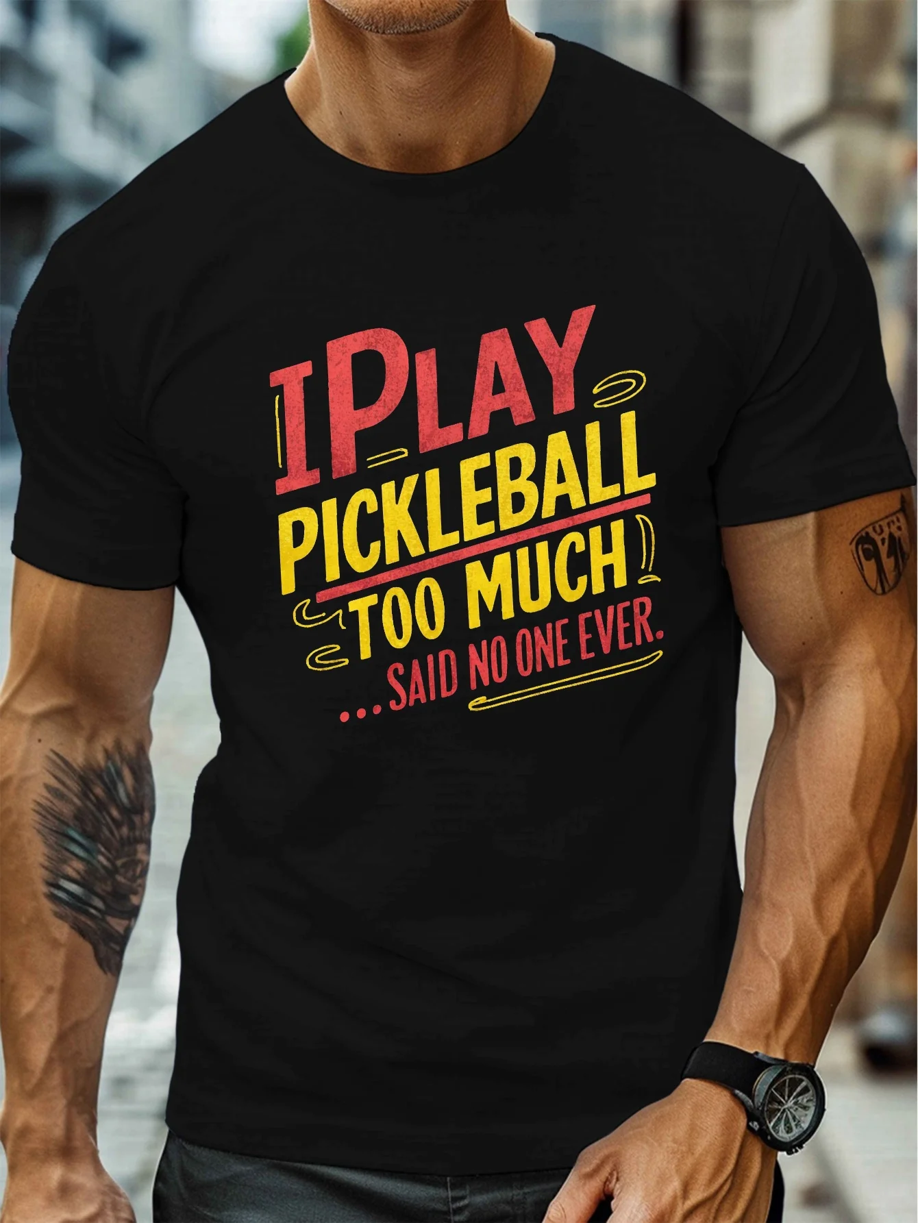 A men's casual T-shirt with the words 