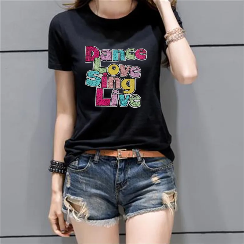 Clothing Women Shirt Top Diy Letter Patch Cartoon Sequins deal with it T-shirt Iron on Patches for clothes Stickers