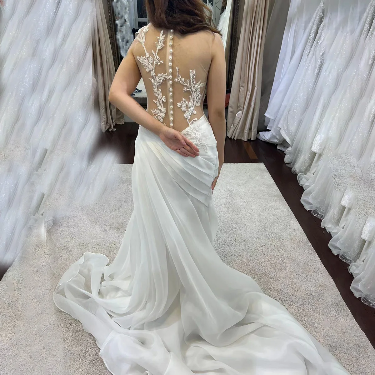 Trumpet Organza Princess Beaded Appliques Wedding Dress Removable Lantern Sleeves Sheer Customized See Through Lace Bridal Gowns