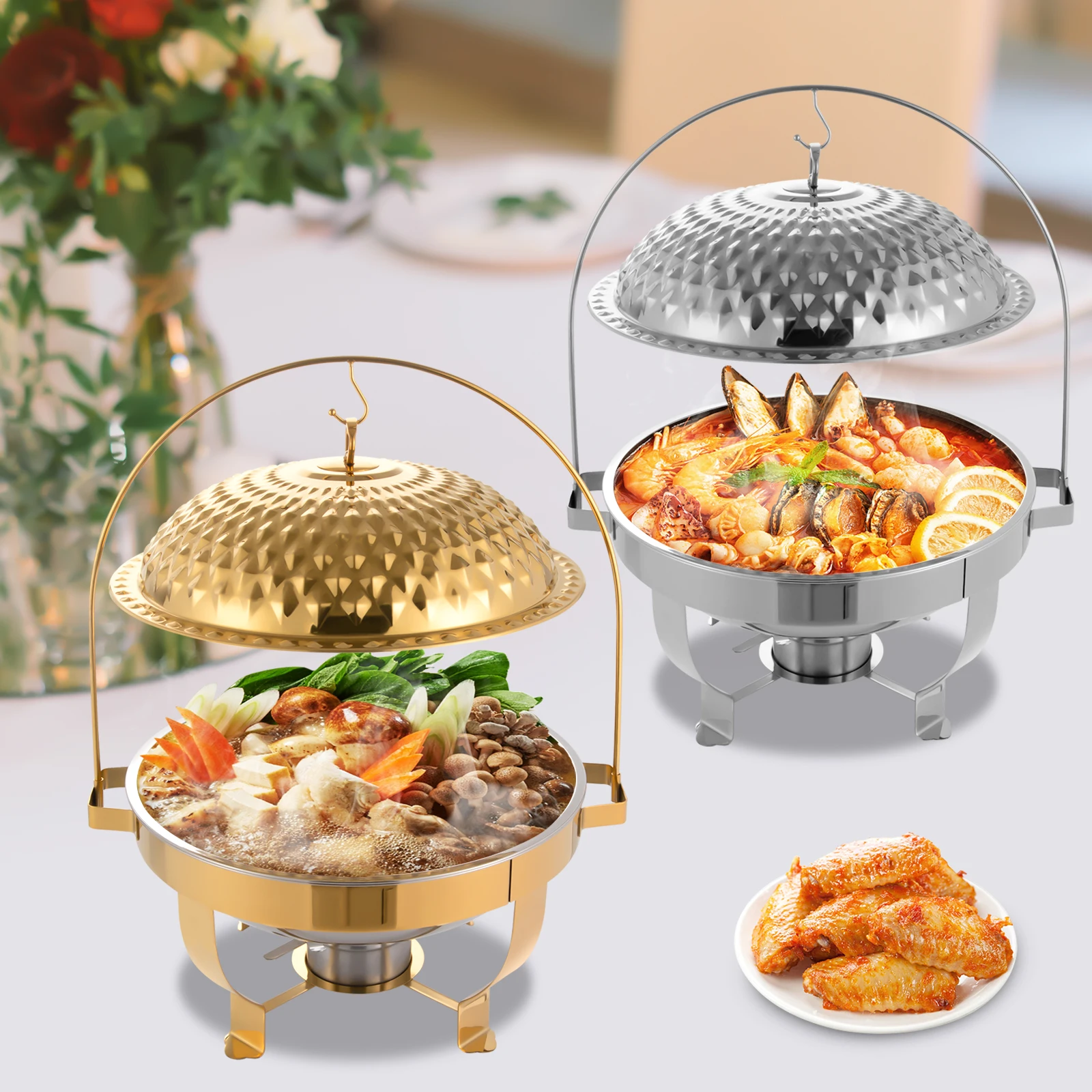

Chafing Dishes for Buffet, 8.5Qt /8L Stainless Steel Round Buffet Chafer, Gold Hanging Lid Dining Stove, Buffet Server