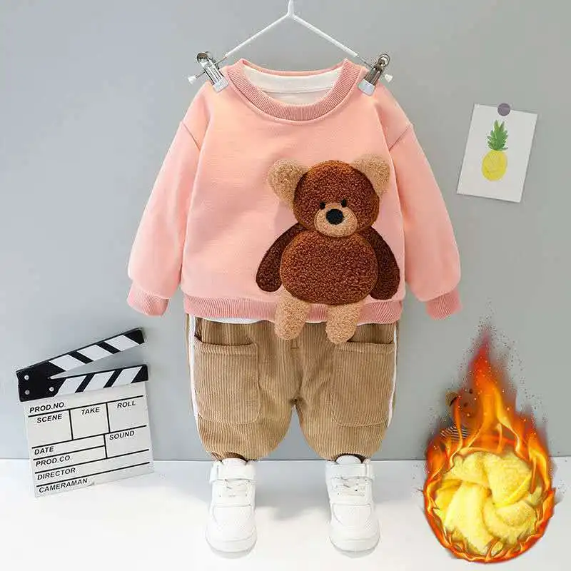 Baby boy clothes autumn winter plus velvet warm thickening suit boys and girls cartoon bear sweater + corduroy pants baby 2pcs