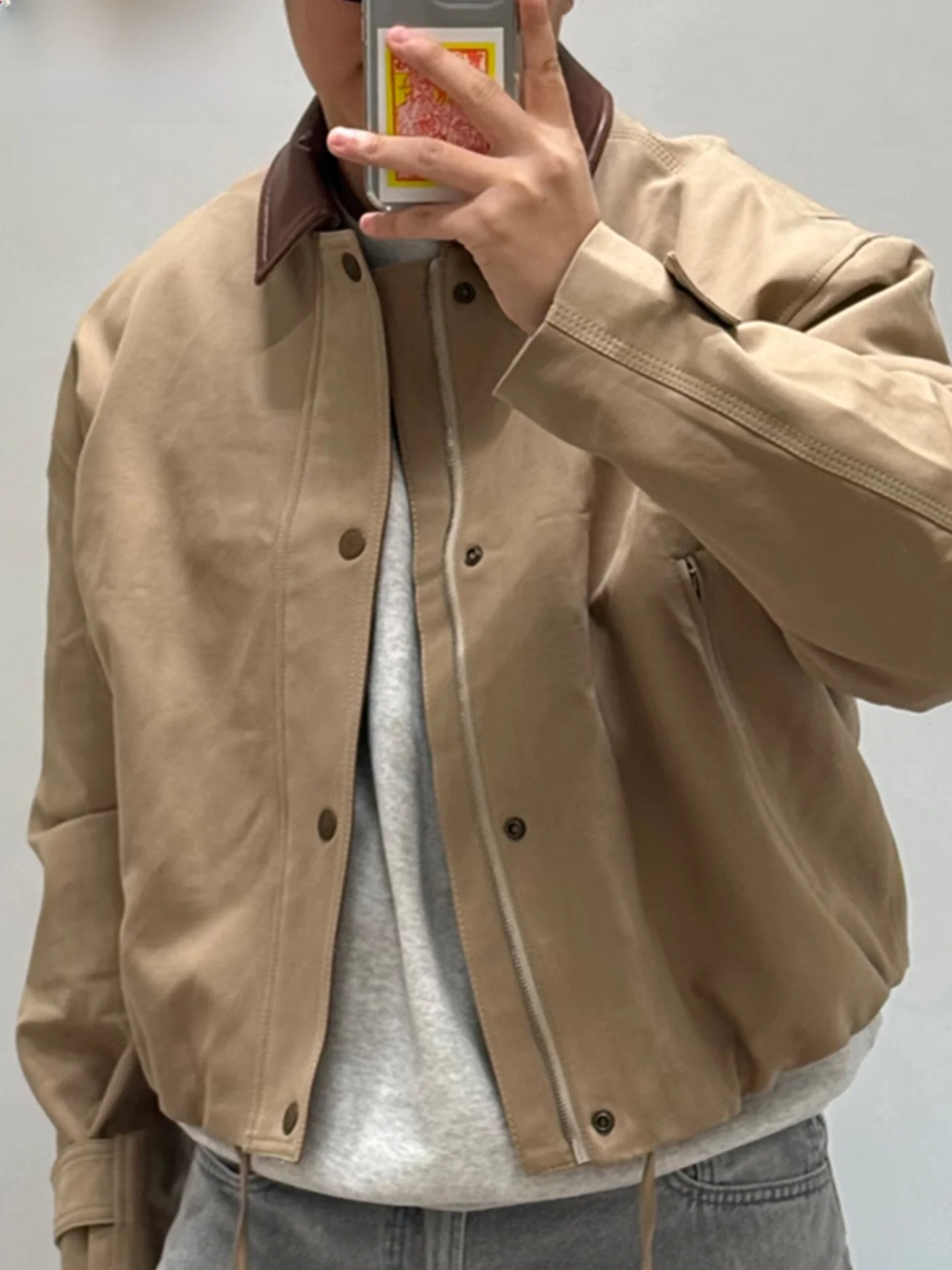 

Мужская куртка в стиле ретро с кожаным воротником, свободного кроя, модная рабочая одежда, верхняя одежда для весны и осени, новинка, из полиэстера