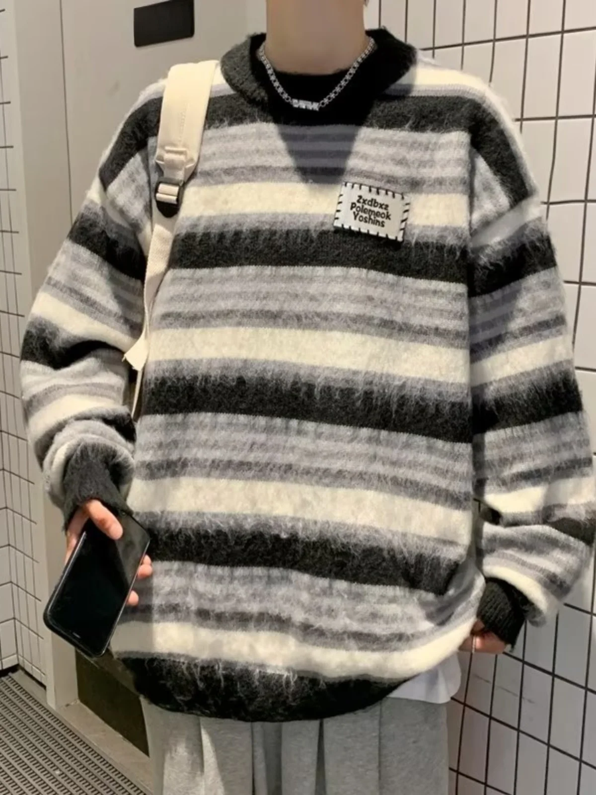 

Мужской свитер с круглым вырезом, повседневный, в полоску, с цветовыми блоками, свободного кроя, вязаный, в стиле Гонконг, в японском стиле