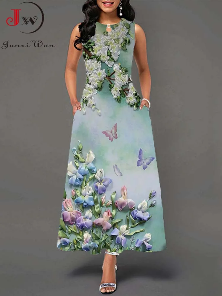 

Elegant Long Maxi Party Dress Women Summer Casual Loose Sleeveless Floral Printed Beach Dresses