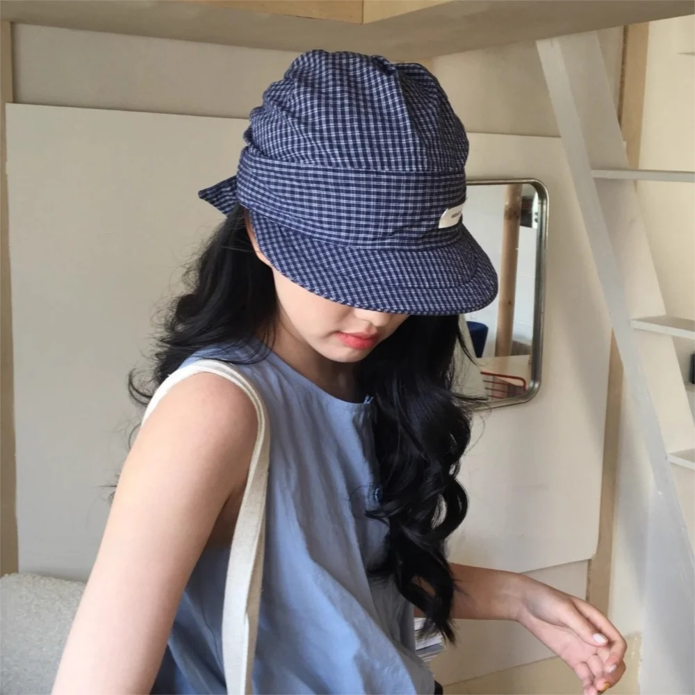 

Simple Rural Style Headscarf Baseball Hat Plaid Sun Cap Sunscreen Headscarf Hat Lace Scarf Peaked Cap Strappy Bandana Cap Daily