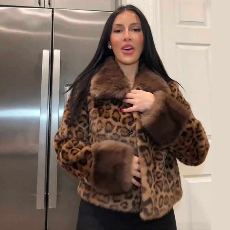 Y2K Leopard Print Jacket Women Faux Fur Notched Lapel Loose Fit Cropped Outerwear 2026 New Winter Casual Party Club Ladies Coat