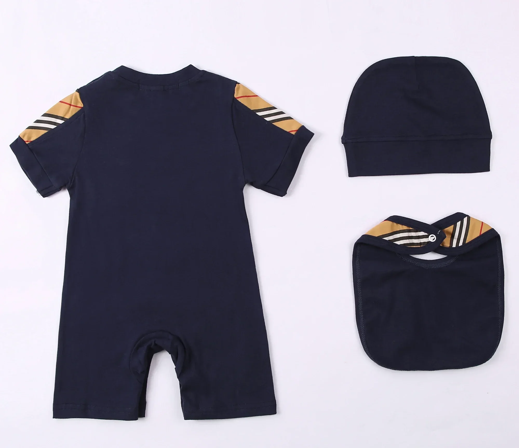 New Summer Fashion 3 Pcs Newborn Boys Girls Rompers Bibs Hats Sets Plaid Stripes Cotton Short Sleeve New Born Baby Clothes