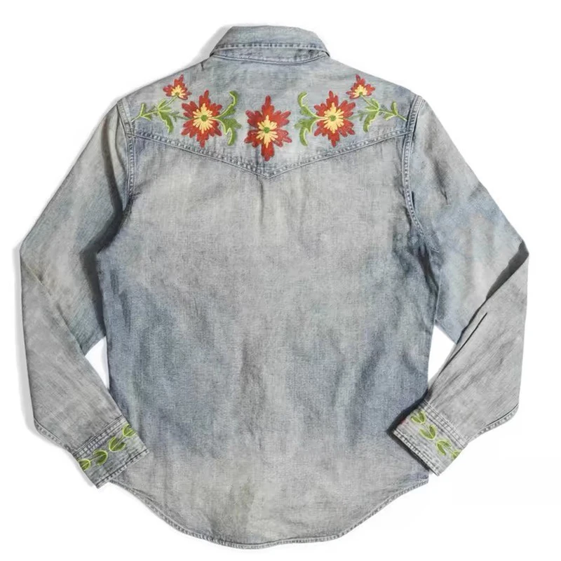 

Vintage Washed Long Sleeved Denim Shirt Jacket Floral Embroidery Blue Cowboy Shirts Coat Men