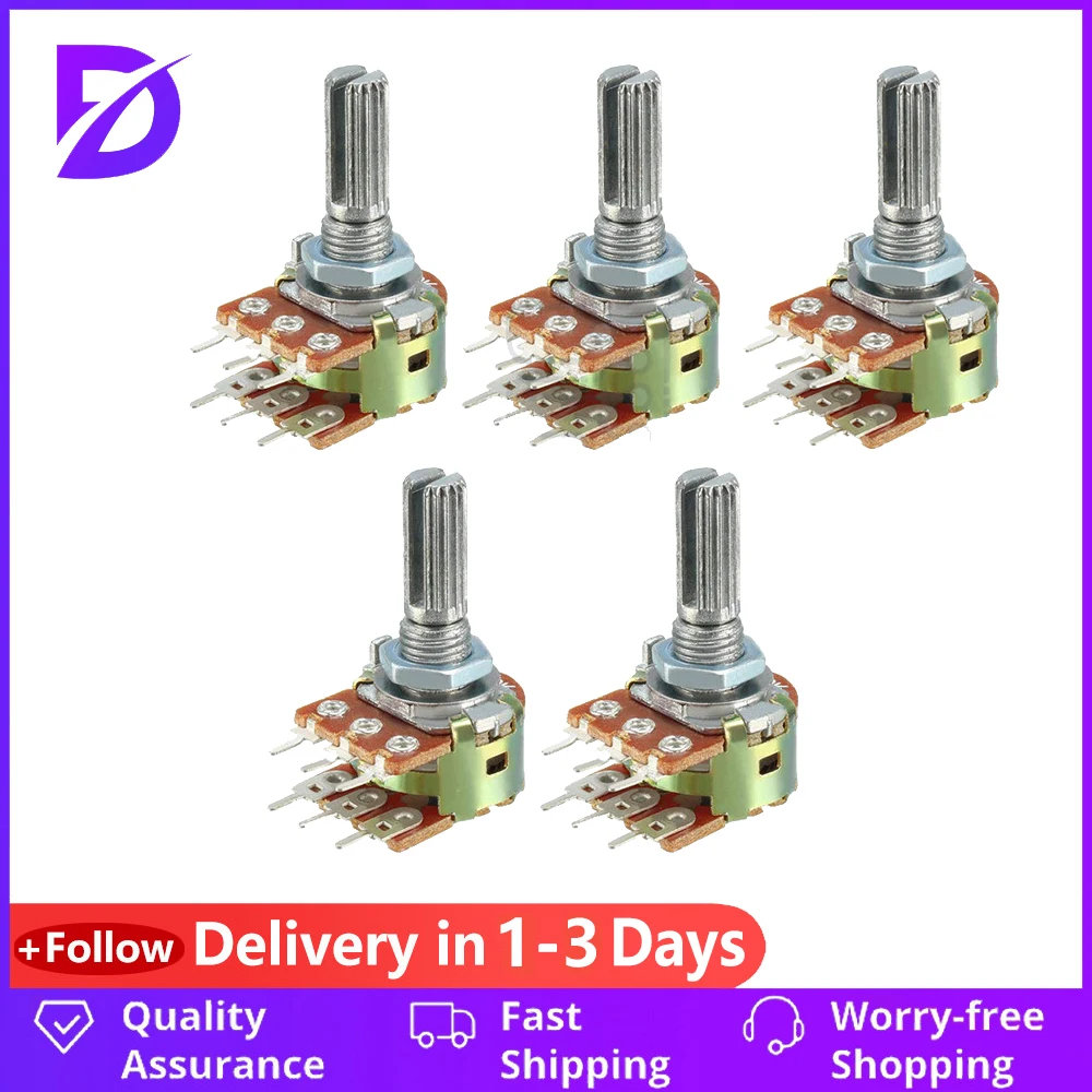 

5PCS/Lot 1K 2K 10K 20K 100K 250K 1M Ohm Variable Resistors Dual Linear 6 Pin Rotary Carbon Film Taper Potentiometer 20mm Shaft