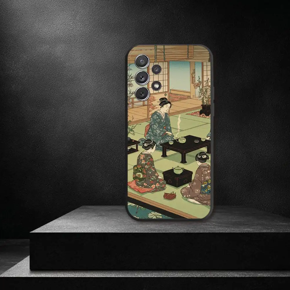 J-Japan 스타일 우키요에 전화 케이스 삼성 S 25,24,23,22,30,21,10,9,Ultra,Plus,Lite,FE,4,5G 블랙 소프트 케이스