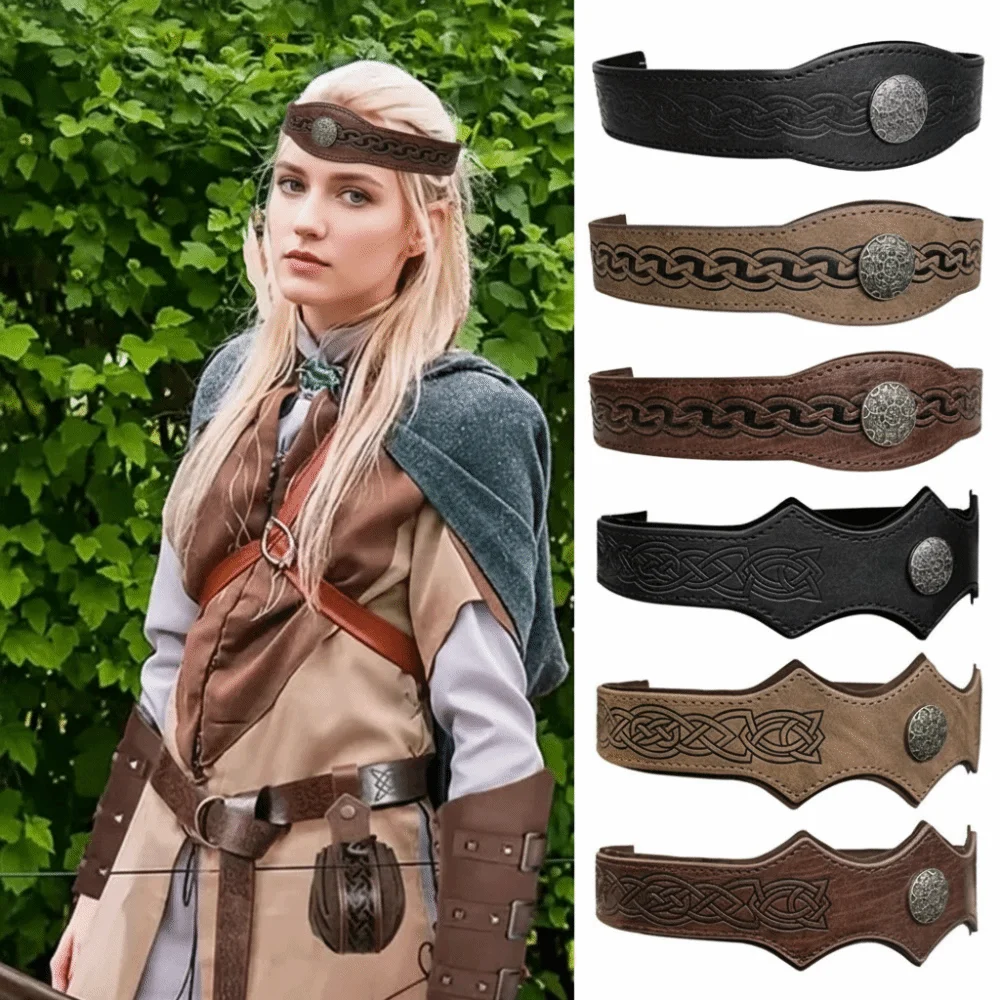Personality Pu Leather Pu Rivet Headband Embossed Circlet Viking Head Ring Medieval Style Gothic Halloween Hair Hoop Photo Props view 2