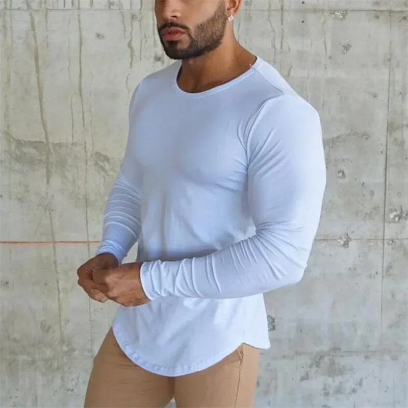 Męskie koszulki do biegania jesień bawełniane koszulki sportowe z długim rękawem wiosna odzież na siłownię Slim Fit koszulki do kulturystyki koszulki Fitness