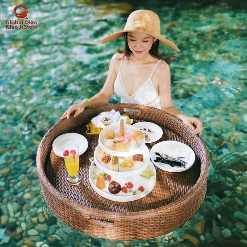 Rattan floating round water tray, Bali Internet celebrity basket, B & B hotel swimming pool dining plate, beach