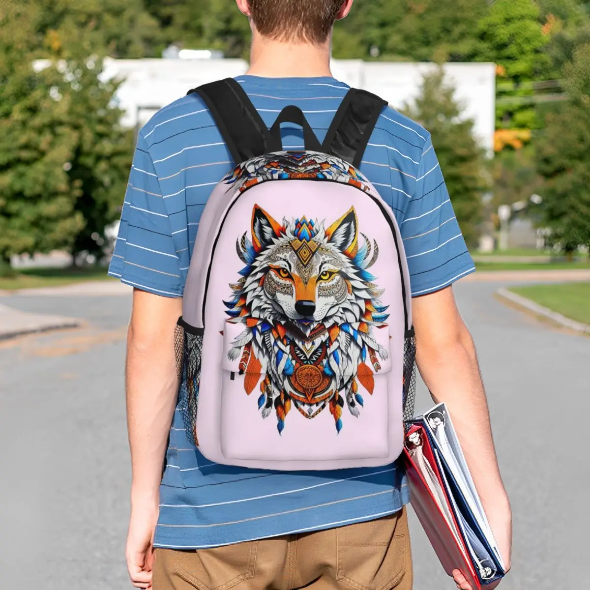Ethnic Wolf Tradition Wolf Feather Backpack Student BookBag Kids School Bag Computer Shoulder Bags for Boys Girls