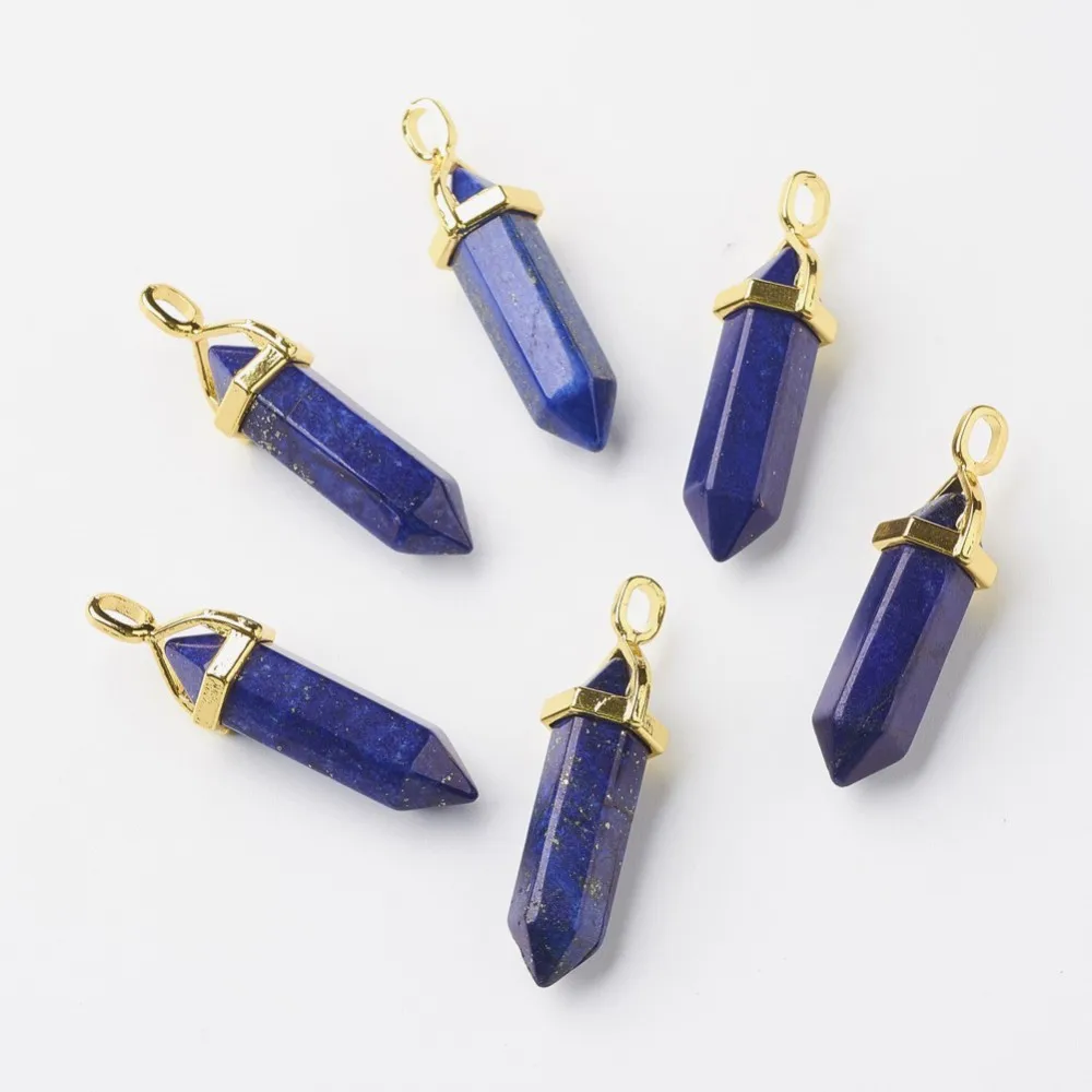 2Pcs Lazuli Double Terminated Pointed Pendants Dyed Pendant Necklace with Random Alloy Pendant Bead Bails Golden Pendants