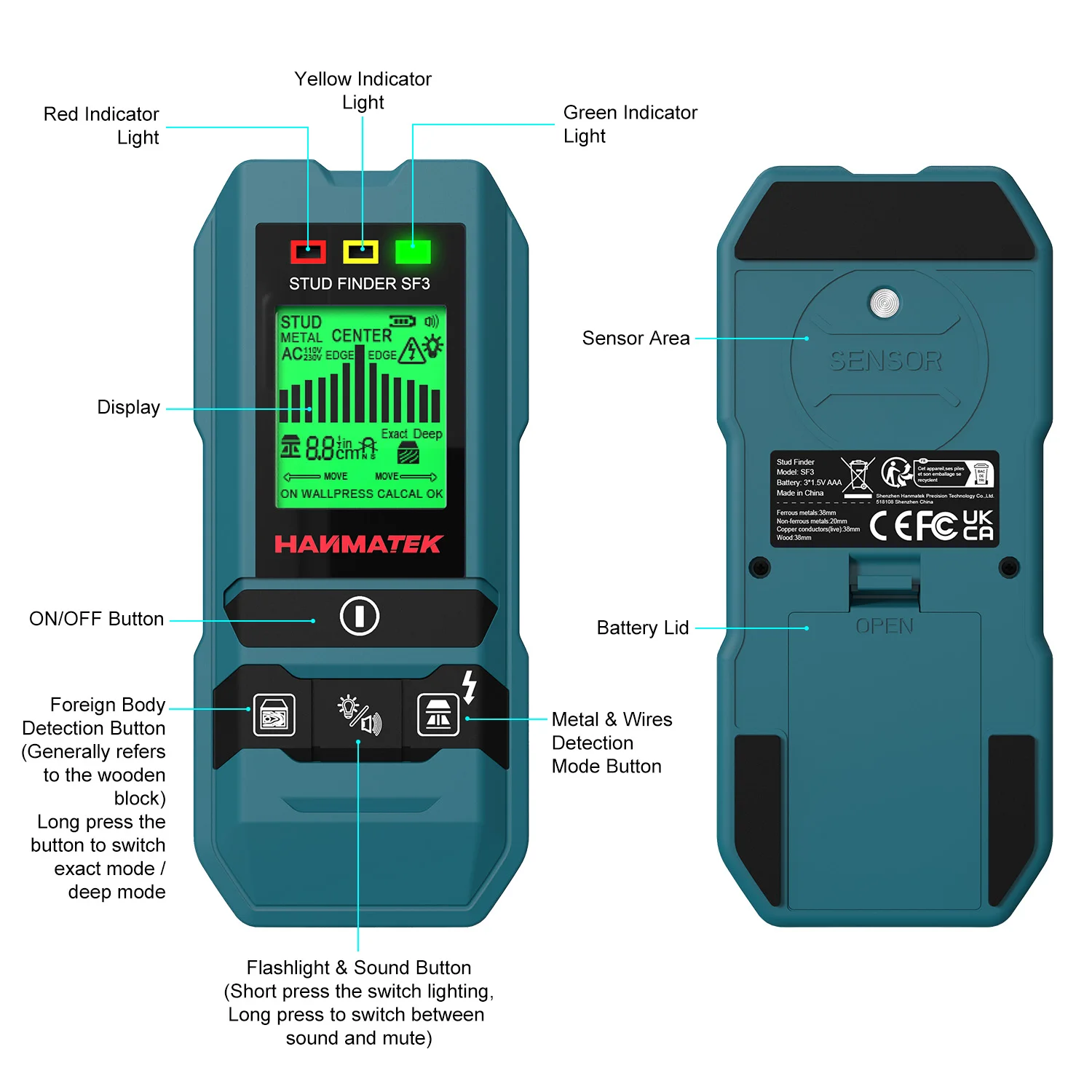 HANMATEK SF3 4 in 1 Stud Finder Wood Studs Metal Detecion Detection of live cable Metal Measurement Finder Wall Detector Scanner