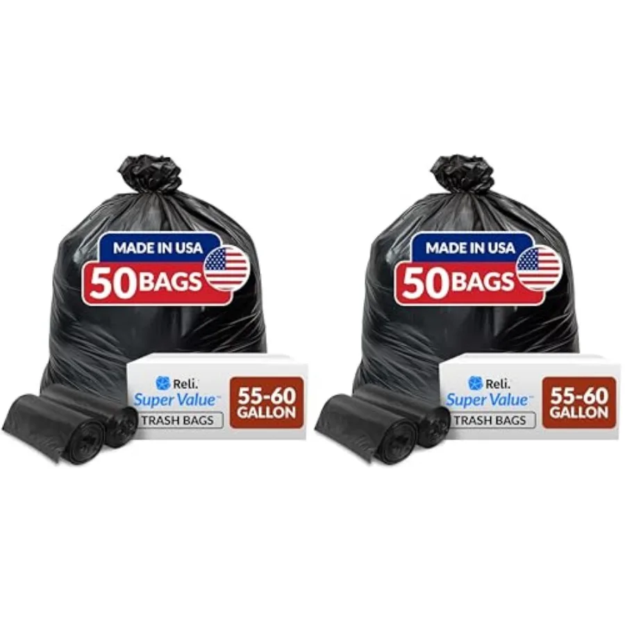 

55-60 Gallon Trash Bags Heavy Duty 50 Bags 50-60 Gallon Large Black Garbage Made in USA Pack of 2
