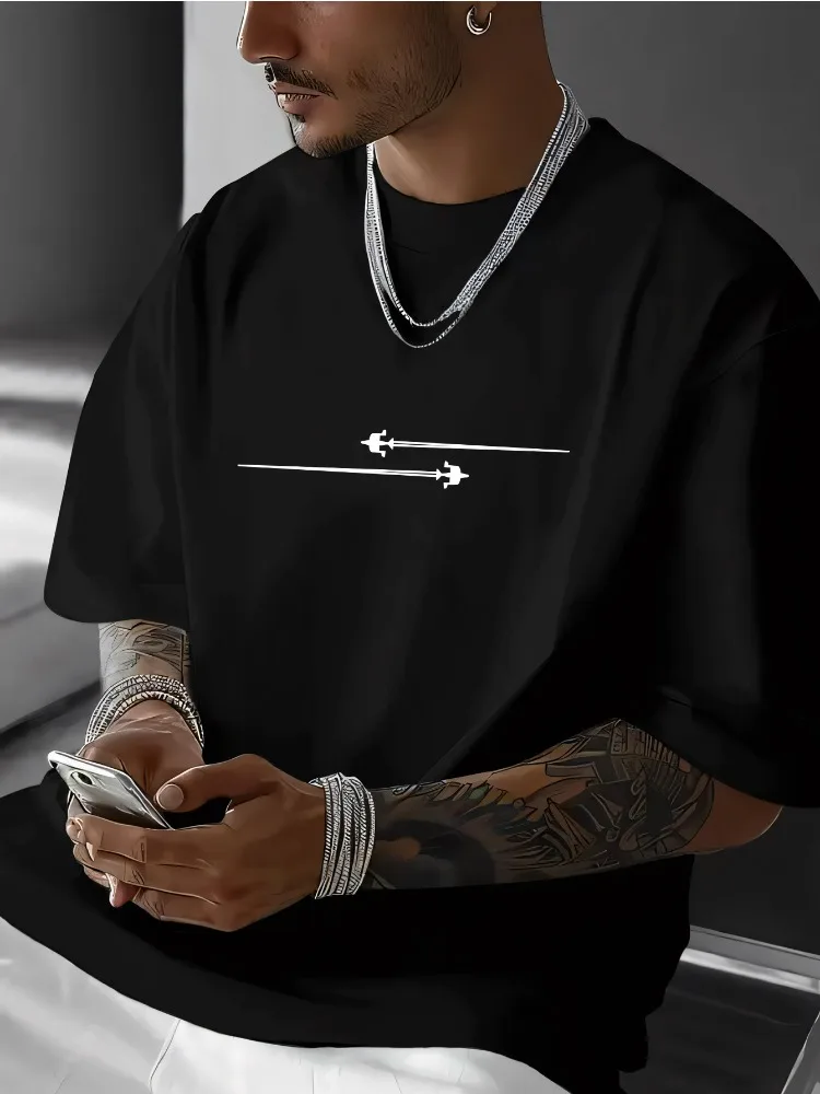 Men Summer Navy T Shirt Minimal Fighter Jet Graphic Print Crew Neck Loose Short Sleeve Casual Streetwear Daily Fashion Mens Tops