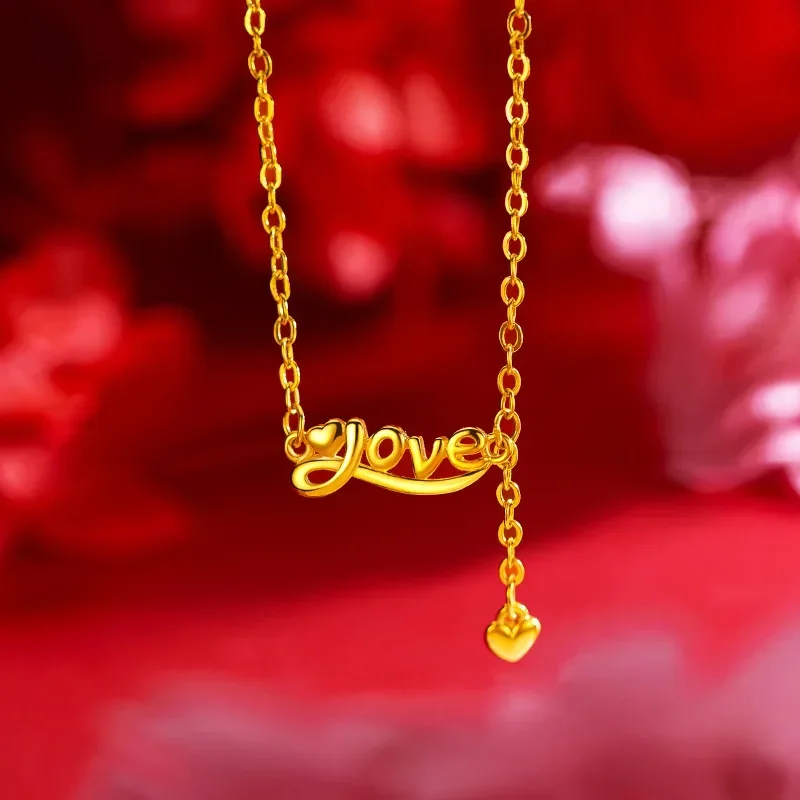 9999 Real Gold 24K Yellow Gold Sweet Fashion Letter Love Love Collarbone Necklace