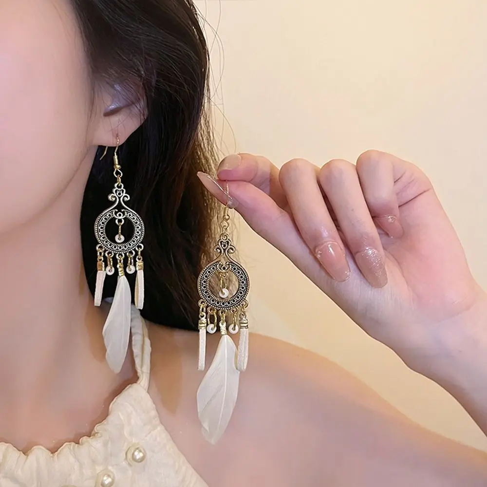 Gold Long Tassel Dangle Earrings Korean Style Ear Drop Feather Earrings Fashion Jewelry Beaded Ethnic Style Earrings Gift