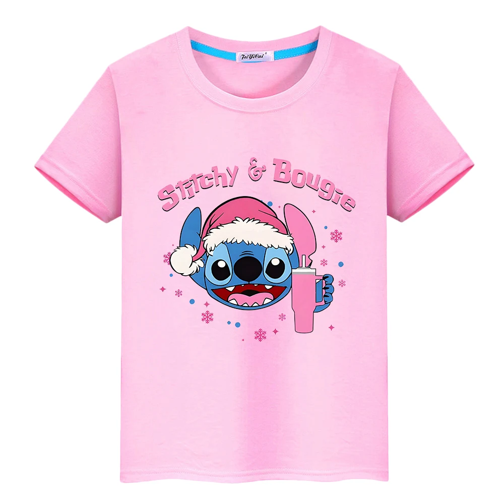 Christma Print 100%Cotton Short Tops y2k one piece Stitch t shirt for kids boy 10year Anime Tees Kawaii tshirt kids clothes girl