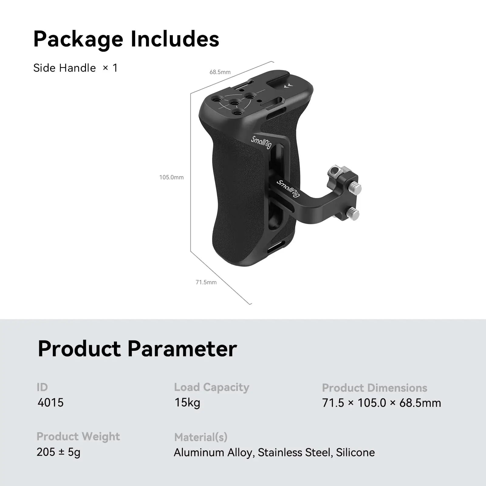 SmallRig zijhandgreep met 1/4"-20 schroeven Universele aluminium siliconen handgreep voor DSLR-camerakooi, met Cold Shoe Mount -4015
