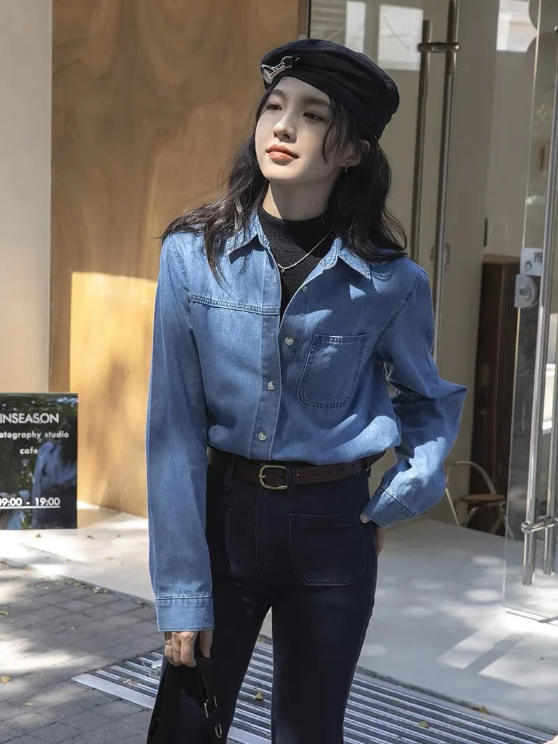 

Women Clothes Blue Denim Shirt 2023 Autumn New Single-Breasted Jeans Blouses Female Pockets Loose Fashion Lapel Cowboy Blusas