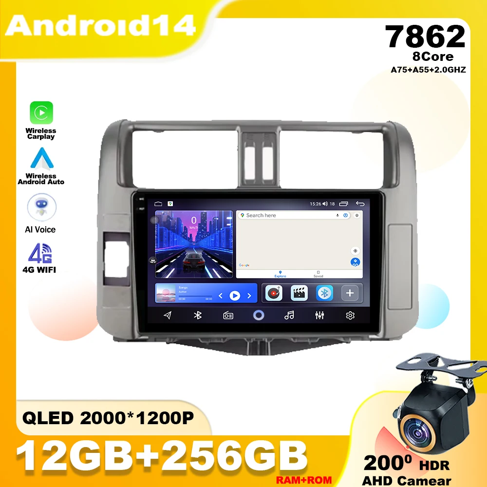 

For Toyota Land Cruiser Prado 150 2009 - 2013 Android 14 Car Radio Multimedia Video Player Navigation GPS IPS Screen Carplay DSP