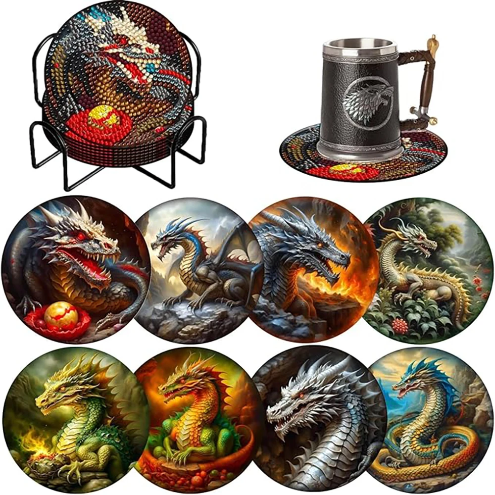 

8 pieces/set Dragon Diamond Painting Cup Mat Set, DIY Cup Mat with Bracket for Beginners, Art and Craft Supplies Gift