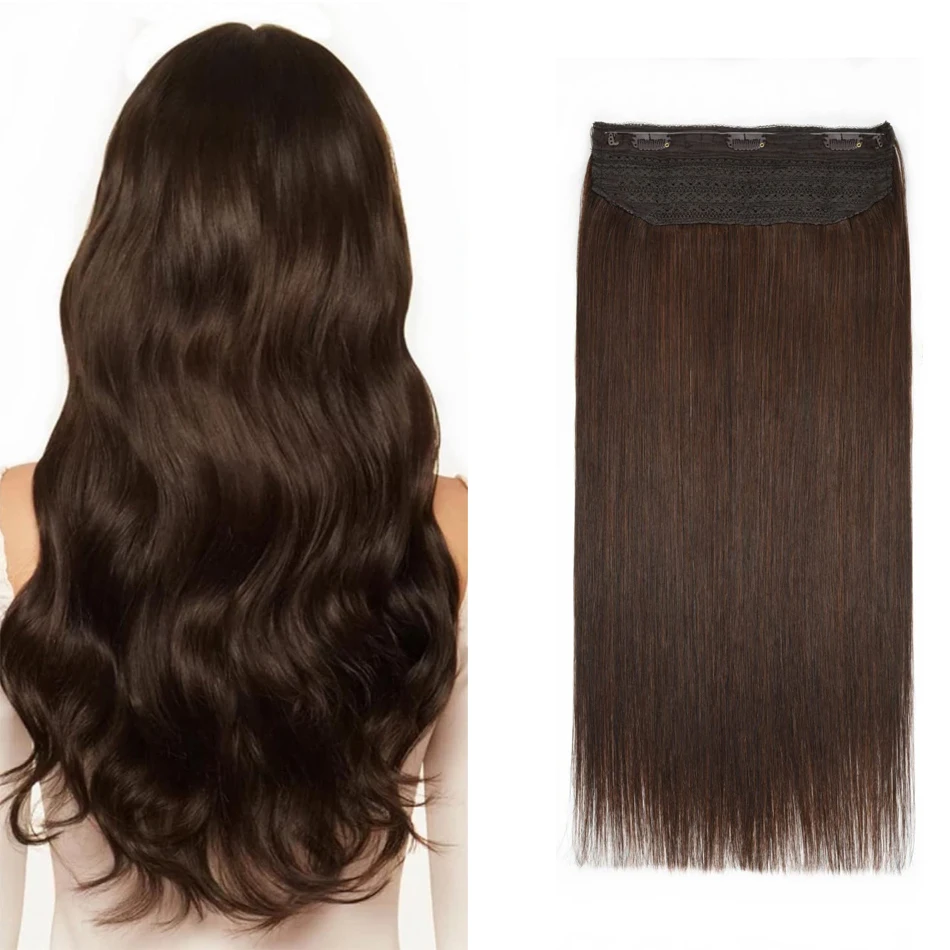 Extensions de Cheveux Naturels Lisses à réinitialisation pour Femme, Ligne de Poisson Invisible, Brun Foncé #2, 16 à 26 Pouces