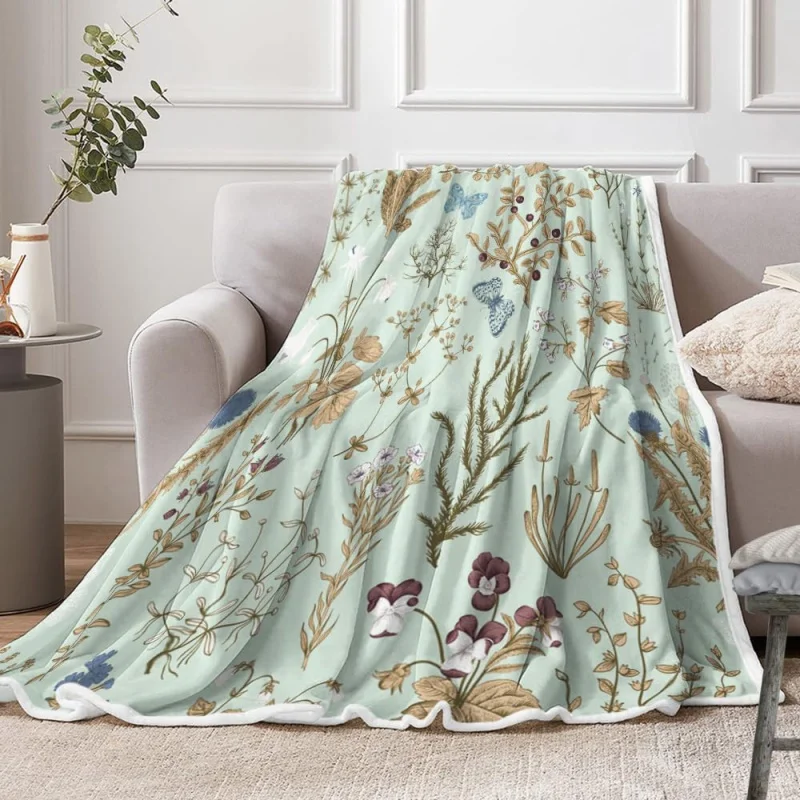 

Wildflower pattern vintage plant print blanketultra soft flannel cover blanket lightweight and fluffy green bed blanket