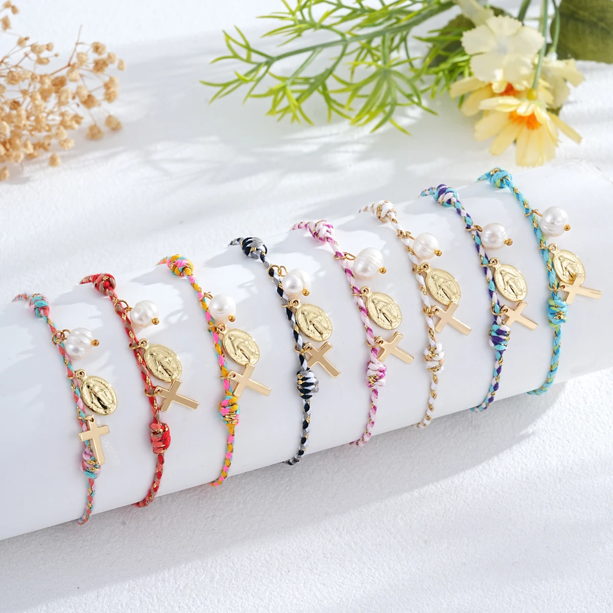 

1PC Multicolor Braided Rope Bracelet for Women Handmade Adjustable Cross Virgin Mary Pearl Charm Religious Jewelry Gift Trendy
