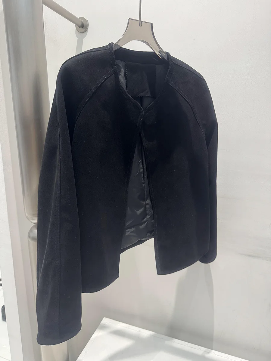 Herfst/winter minimalistische vintage geitenleer suède leren jas met ronde hals voor dames