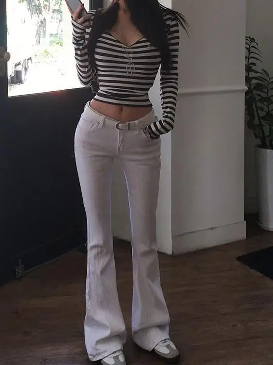 بنطلون جينز نسائي بخصر منخفض وقصة واسعة، ضيق ومريح، بتصميم كوري بلون واحد، يطيل الساق ويبرز المؤخرة مع بطانة داخلية #5