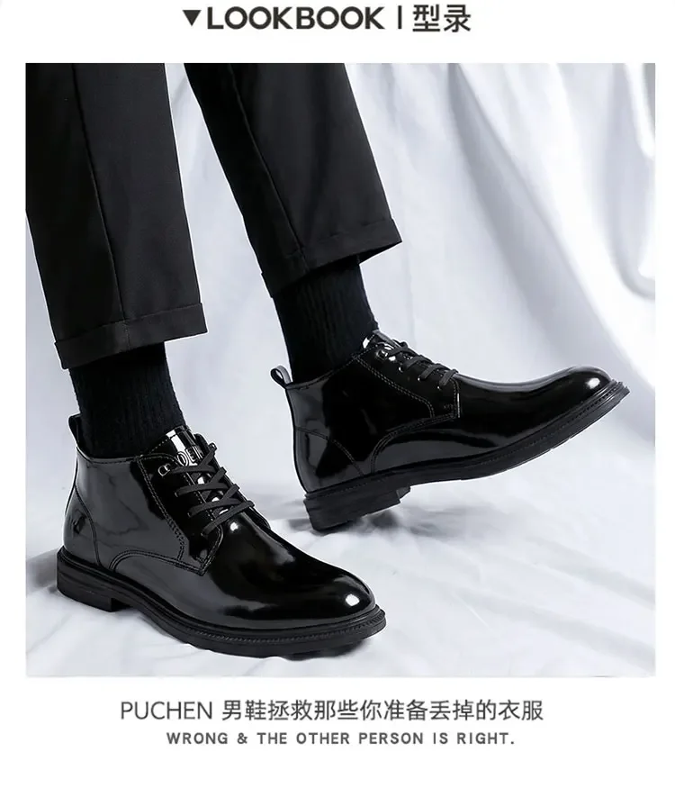 Glänzend schwarze Schnürstiefeletten für Herren, hohe Schafthöhe, dicke Sohle, modische, lässige Business-Herrenschuhe – Detail 3