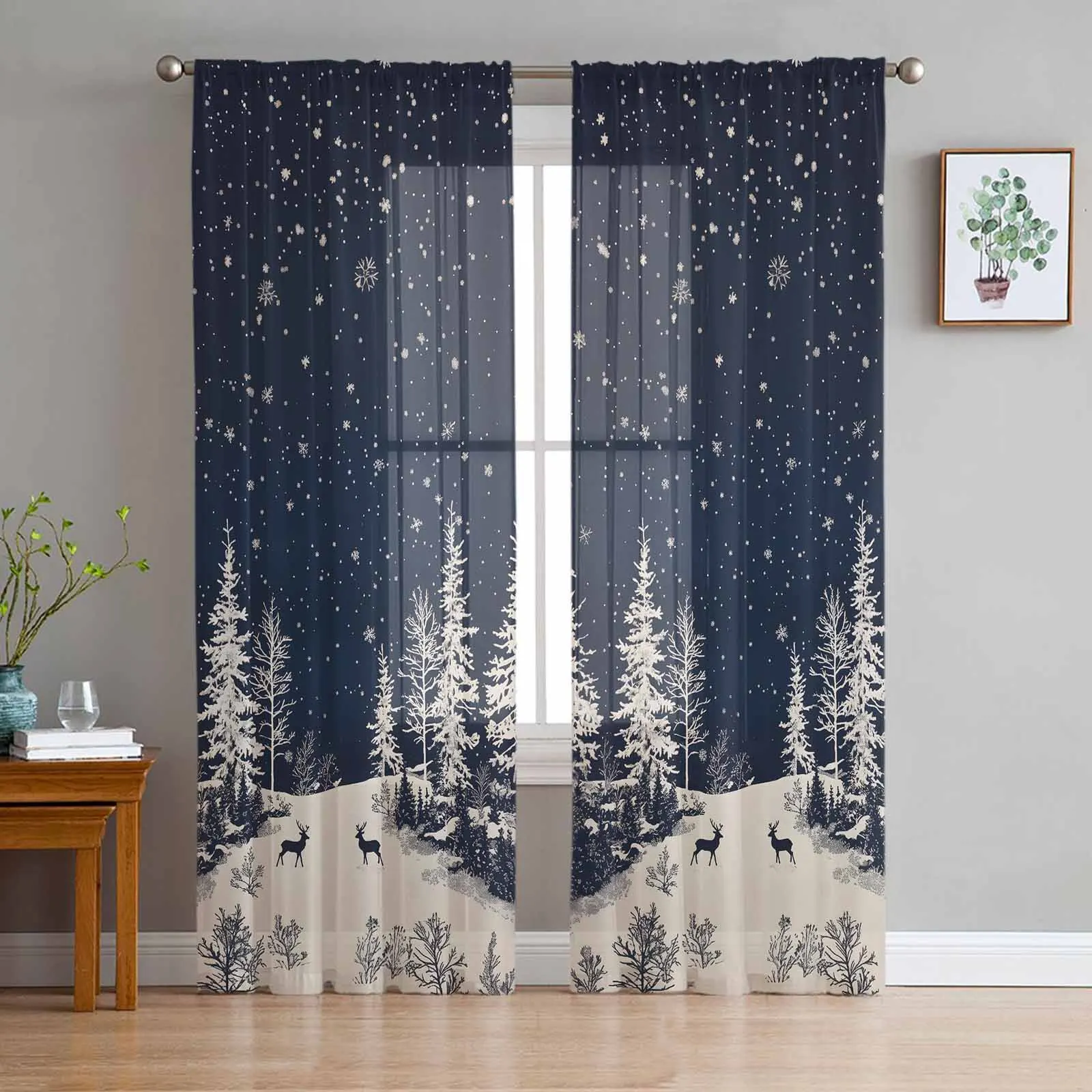 Forest Reindeer Snow Scenery Snowflakes  Sheer Curtains for Living Room Bedroom Home Hotel Decor Chiffon Tulle Curtains