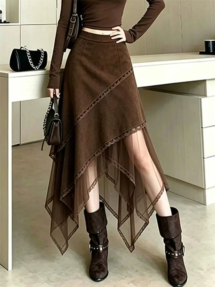 Asymmetric Lace Hem Net Half Skirt Women's A-Line Midi Skirt Autumn New Design Korean Style High Waist Elastic Daily Wear