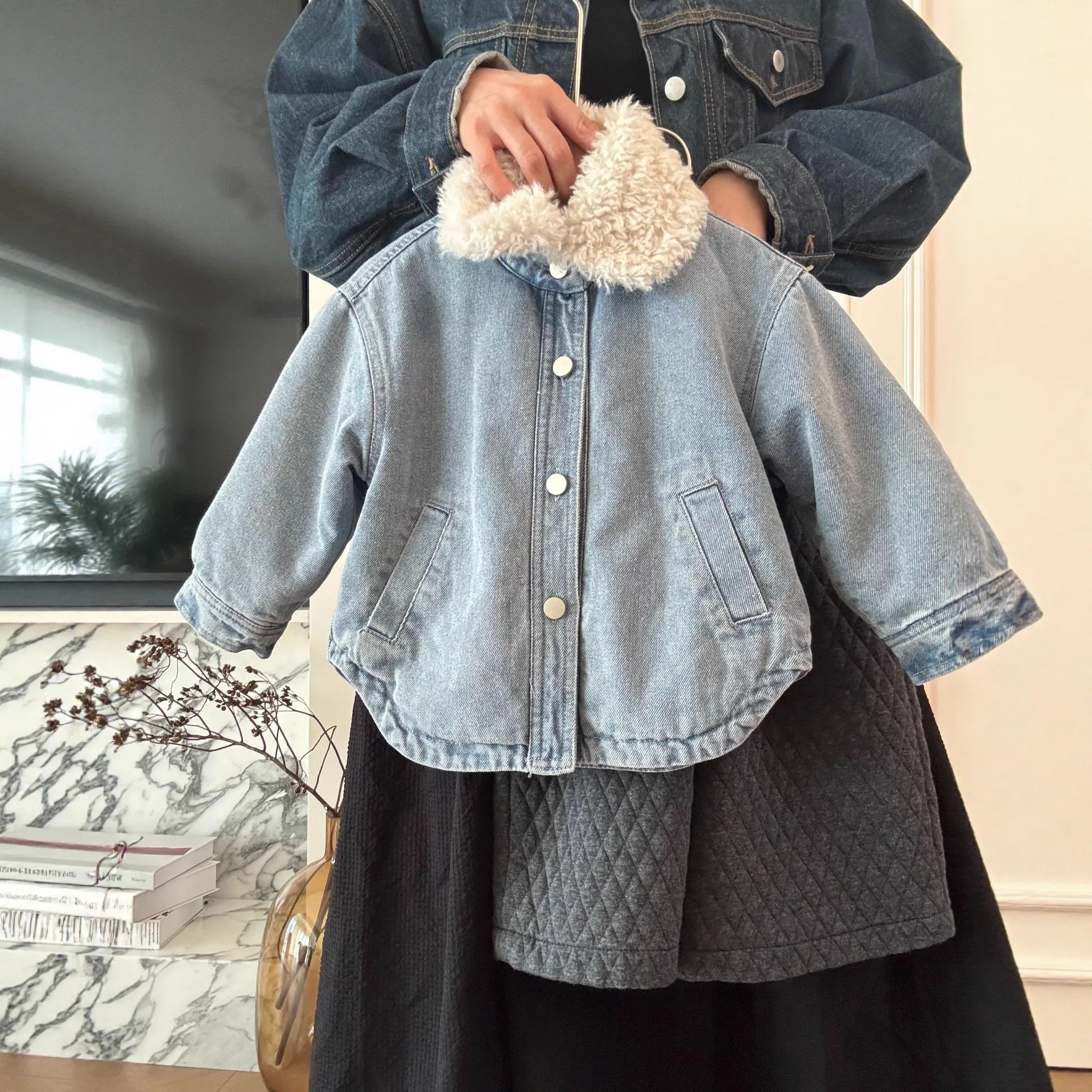 

Children Girl 2piece Set Winter Turn Down Collar Plus Fleece Toddler Girl Demin Parkas+solid Elastic Waist Kids Girl Wool Pant