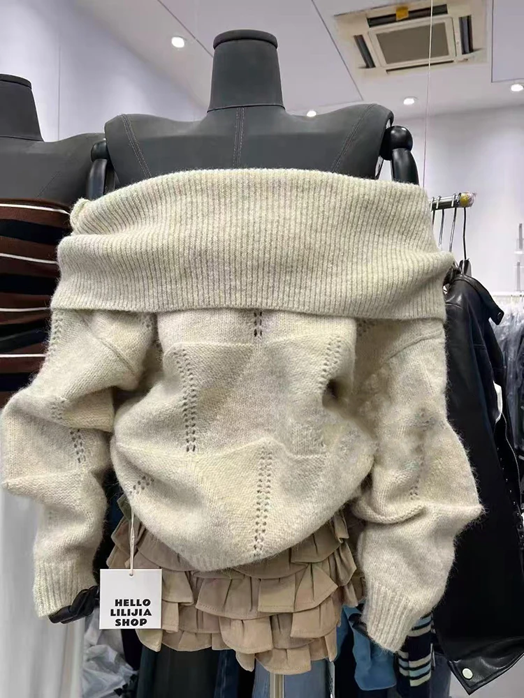 

Fashion Slash Neck Knit Sweater Korean Loose Lazy Style Off Shoulder Knitwear Y2K Solid All Match Long Sleeve Female Jumpers