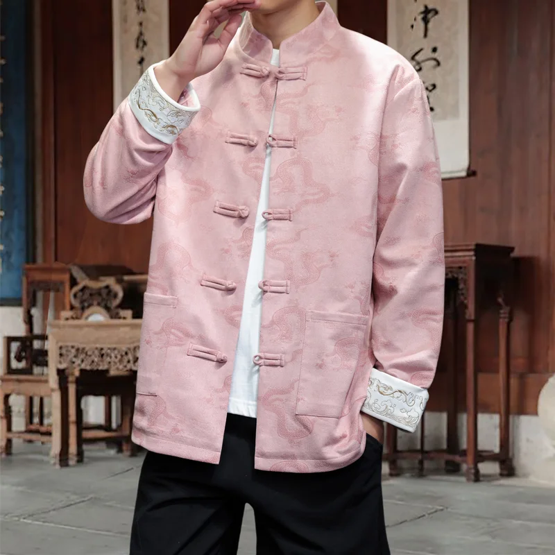 Chinese-style Men's Black Long-sleeve Printed Jacket, Single-breasted Stand-up Collar Coat, Asian-sized Soft Fabric Top.