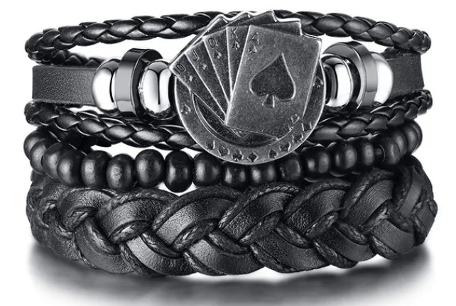 4 stks/set Gevlochten Lederen Wrap Armbanden voor Mannen Vintage Leven Boom Roer Charme Houten Kralen Etnische Tribal Polsbandje Touw Armband