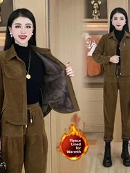 Winter Thickened Fleece Warm Fashionable Women's Ensemble Mommy Style Corduroy Jacket Long Pants Two-Piece Set Age-Defying