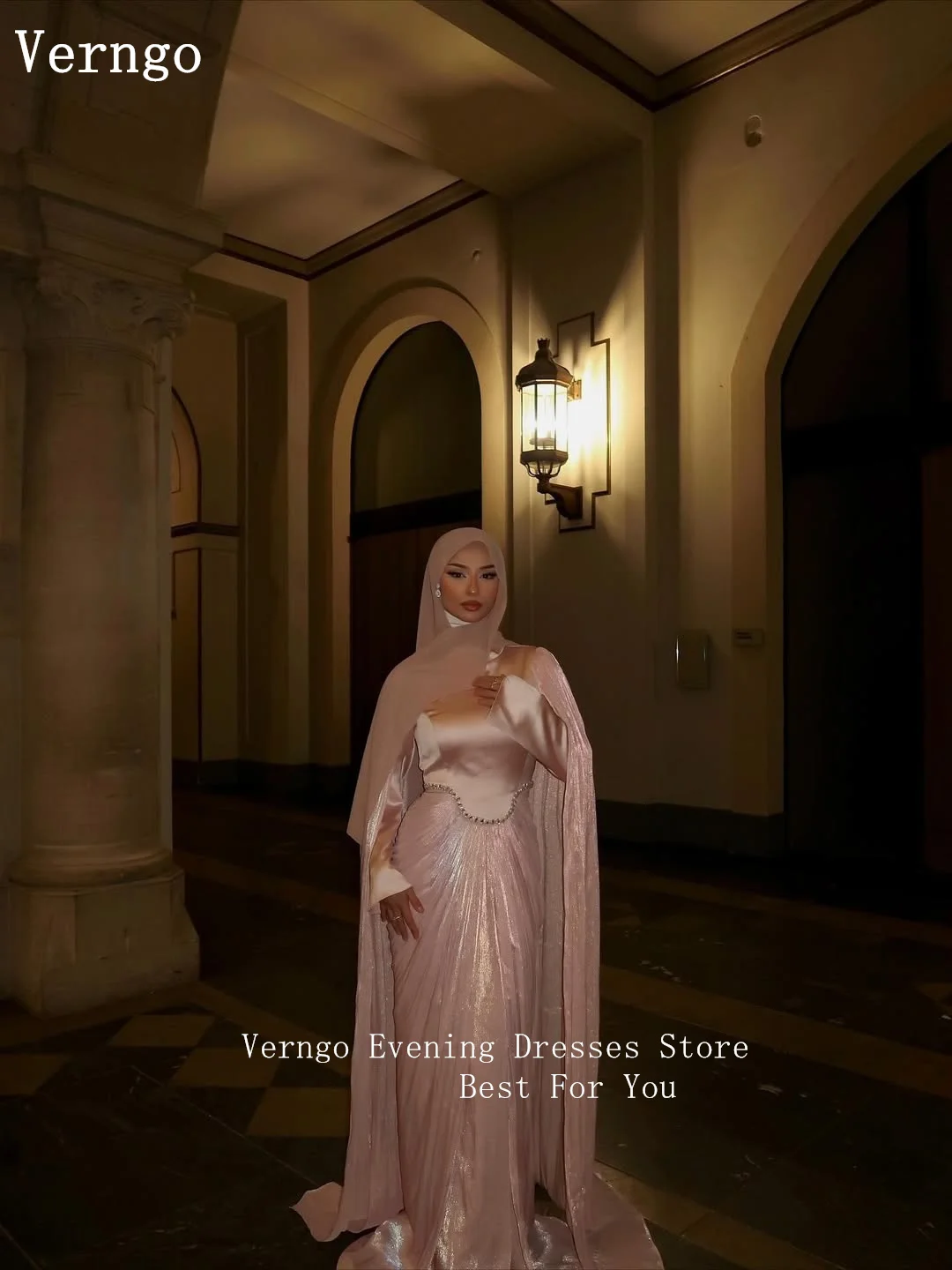 فستان سهرة من الساتان اللامع الوردي من Verngo برقبة عالية وأكمام طويلة مناسبة رسمية فستان حفلات المملكة العربية السعودية حسب الطلب #4